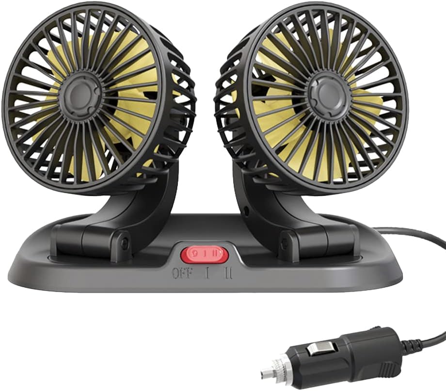 5/12/24V Car Fan Adjustable Dual Head 12V Fan for Car, Portable Vehicle Cooling Fan with 2 Speeds, 360° Rotation Car Cooler Fan for Car Truck SUV RV Cranes