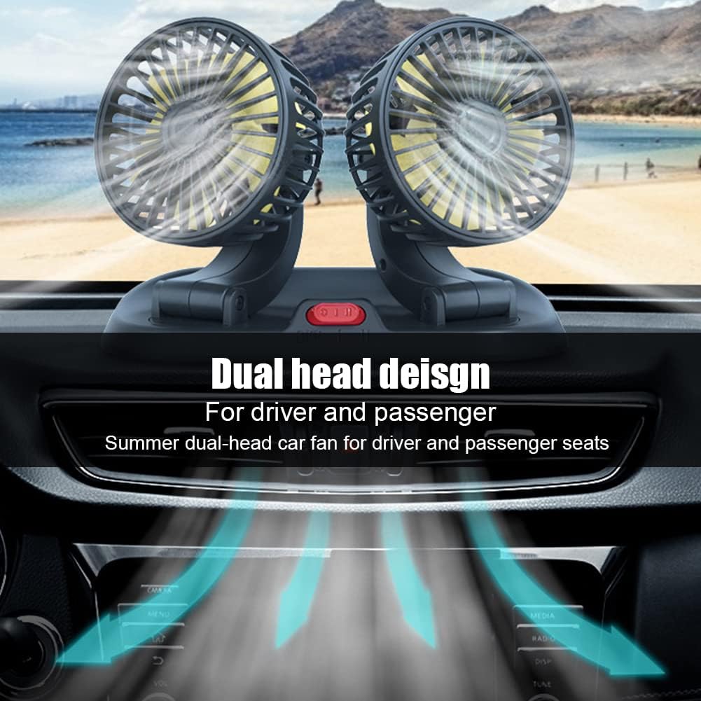 5/12/24V Car Fan Adjustable Dual Head 12V Fan for Car, Portable Vehicle Cooling Fan with 2 Speeds, 360° Rotation Car Cooler Fan for Car Truck SUV RV Cranes