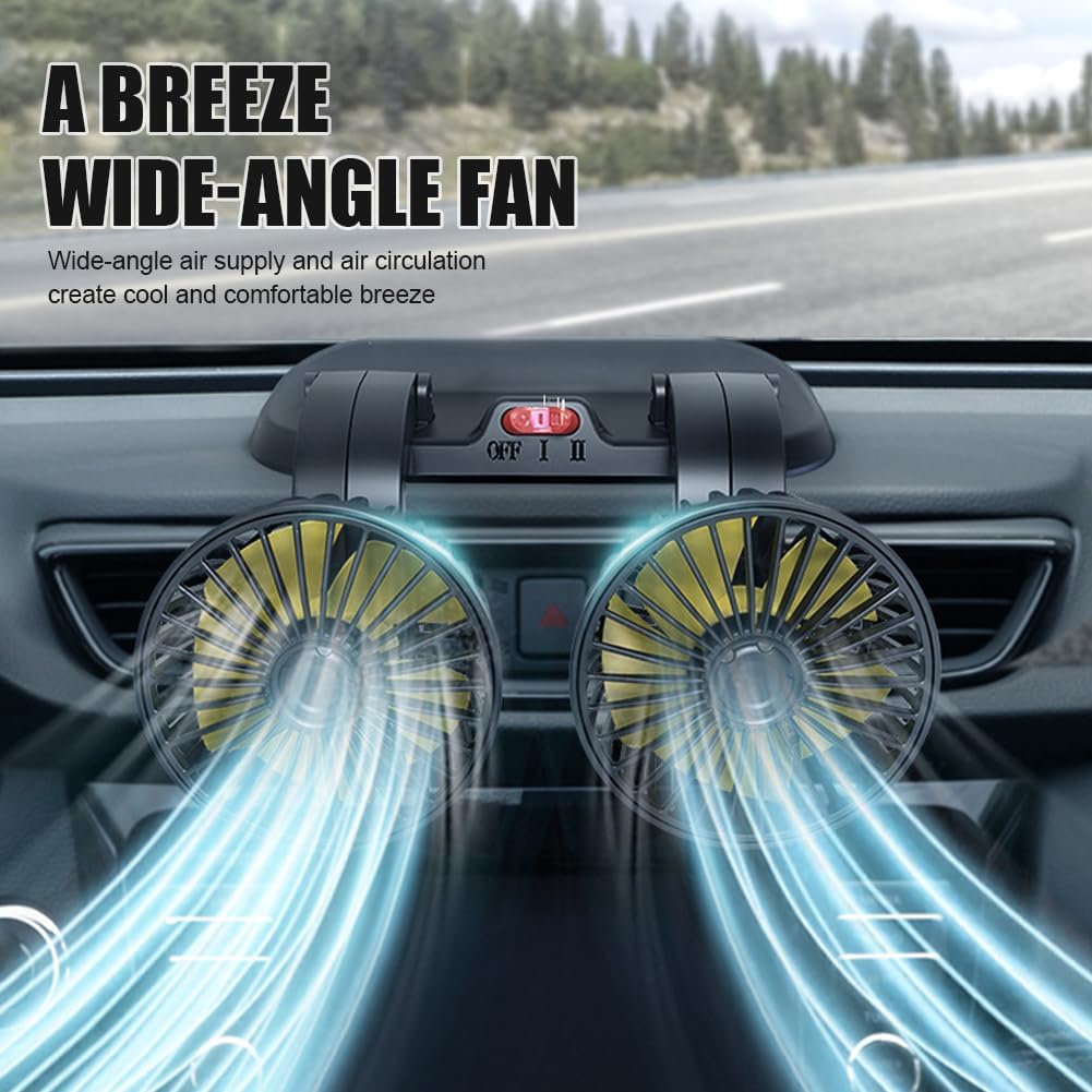 5/12/24V Car Fan Adjustable Dual Head 12V Fan for Car, Portable Vehicle Cooling Fan with 2 Speeds, 360° Rotation Car Cooler Fan for Car Truck SUV RV Cranes