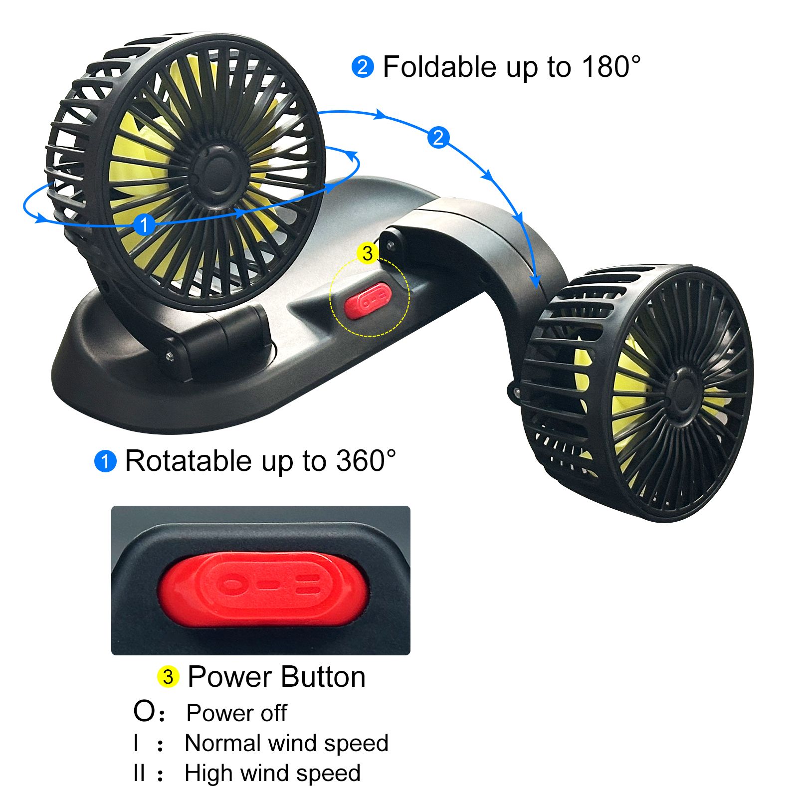 5/12/24V Car Fan Adjustable Dual Head 12V Fan for Car, Portable Vehicle Cooling Fan with 2 Speeds, 360° Rotation Car Cooler Fan for Car Truck SUV RV Cranes