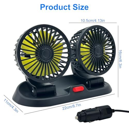 5/12/24V Car Fan Adjustable Dual Head 12V Fan for Car, Portable Vehicle Cooling Fan with 2 Speeds, 360° Rotation Car Cooler Fan for Car Truck SUV RV Cranes