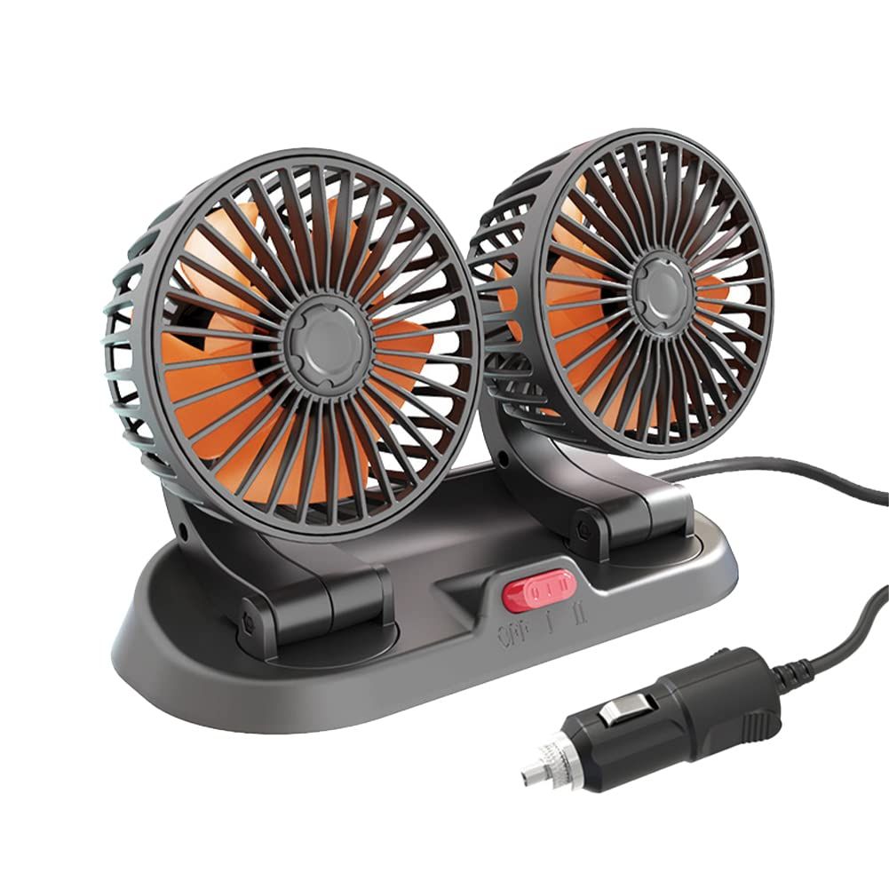 5/12/24V Car Fan Adjustable Dual Head 12V Fan for Car, Portable Vehicle Cooling Fan with 2 Speeds, 360° Rotation Car Cooler Fan for Car Truck SUV RV Cranes