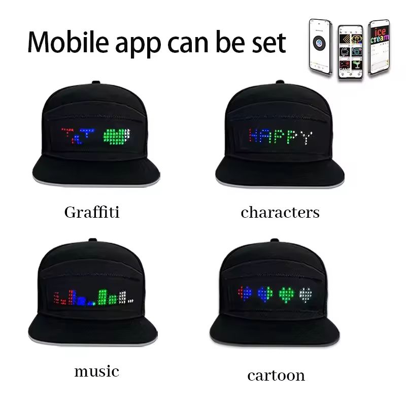 Programmable DIY Bluetooth Hat LED Display Curve Decorative Fabric Hat Party Evening Glowing Hat Atmosphere Hat LED Hats, Mobile APP Control Cap Display Message Words Hats for New Year's Christmas