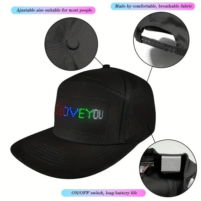 Programmable DIY Bluetooth Hat LED Display Curve Decorative Fabric Hat Party Evening Glowing Hat Atmosphere Hat LED Hats, Mobile APP Control Cap Display Message Words Hats for New Year's Christmas