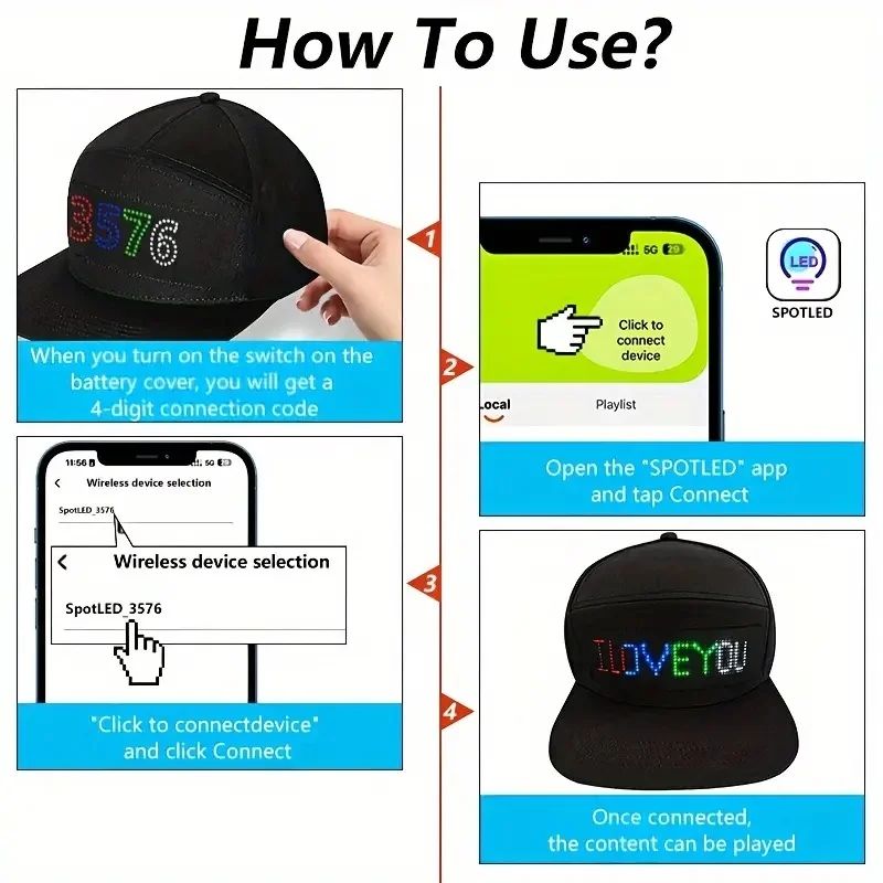 Programmable DIY Bluetooth Hat LED Display Curve Decorative Fabric Hat Party Evening Glowing Hat Atmosphere Hat LED Hats, Mobile APP Control Cap Display Message Words Hats for New Year's Christmas