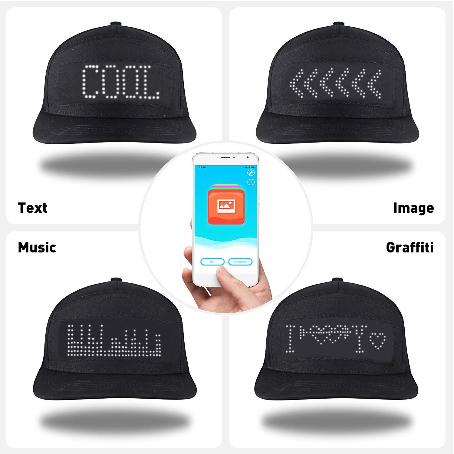 Programmable DIY Bluetooth Hat LED Display Curve Decorative Fabric Hat Party Evening Glowing Hat Atmosphere Hat LED Hats, Mobile APP Control Cap Display Message Words Hats for New Year's Christmas