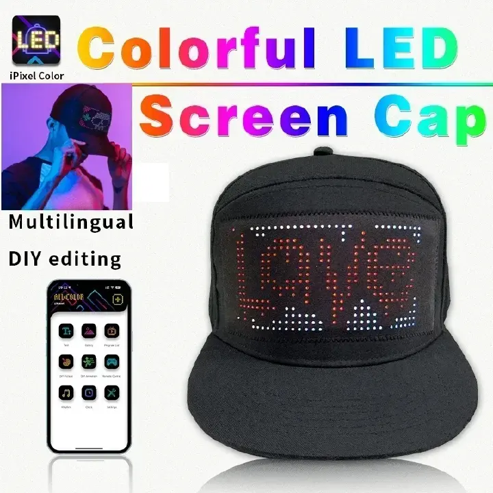 LED Unisex Baseball Cap 5V Rechargeable Bluetooth APP Programmable LED Scrolling DIY Display Board LED Display Screen Smart Hat Adjustable Cool LED Baseball Cap Bluetooth Full Color Display Message