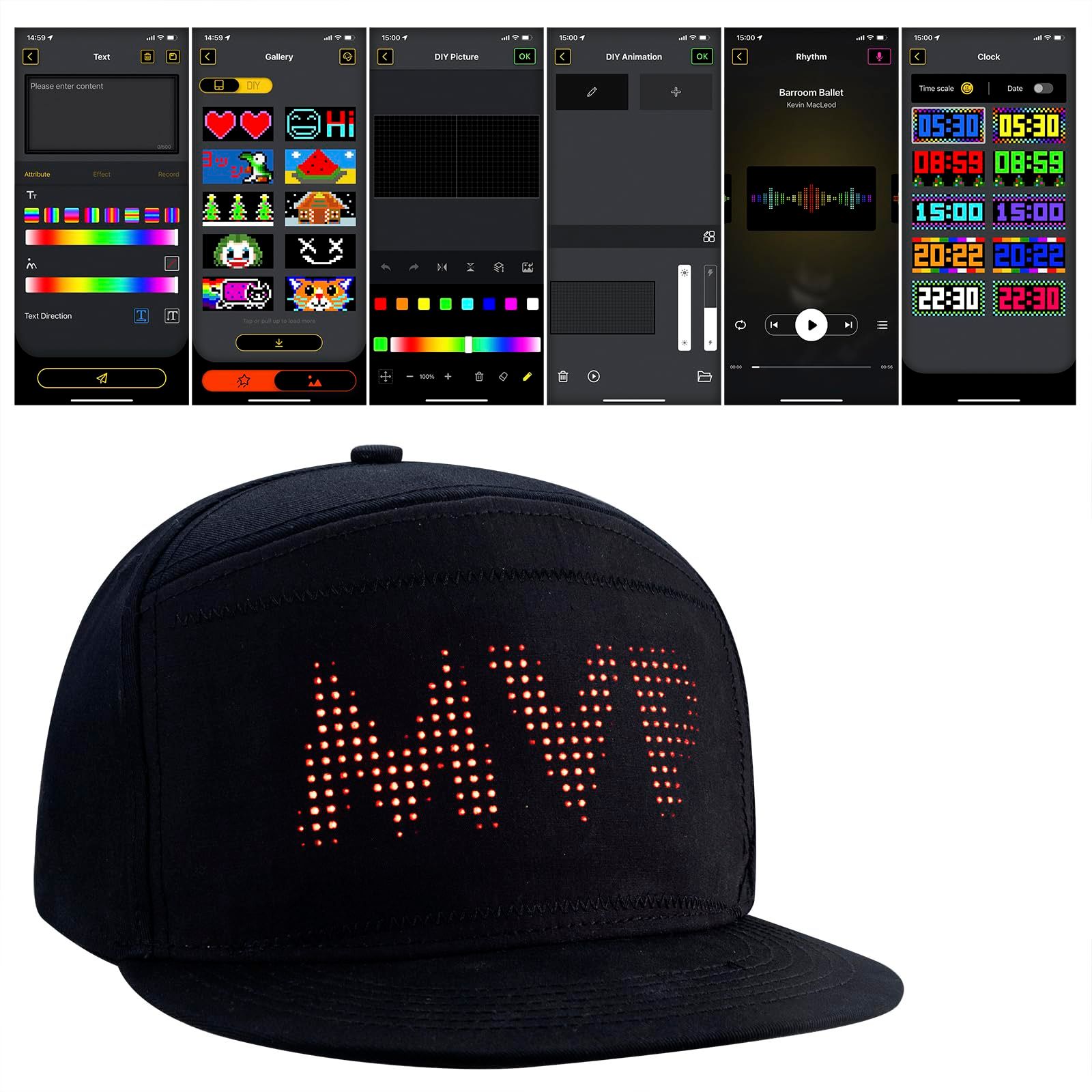 LED Unisex Baseball Cap 5V Rechargeable Bluetooth APP Programmable LED Scrolling DIY Display Board LED Display Screen Smart Hat Adjustable Cool LED Baseball Cap Bluetooth Full Color Display Message