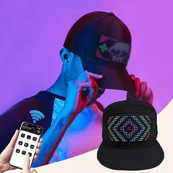 LED Unisex Baseball Cap 5V Rechargeable Bluetooth APP Programmable LED Scrolling DIY Display Board LED Display Screen Smart Hat Adjustable Cool LED Baseball Cap Bluetooth Full Color Display Message