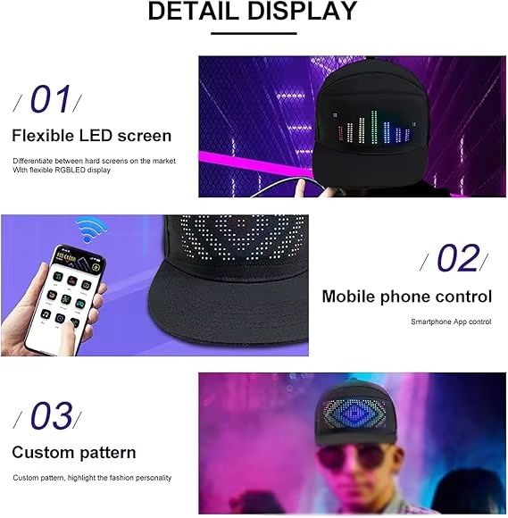 LED Unisex Baseball Cap 5V Rechargeable Bluetooth APP Programmable LED Scrolling DIY Display Board LED Display Screen Smart Hat Adjustable Cool LED Baseball Cap Bluetooth Full Color Display Message