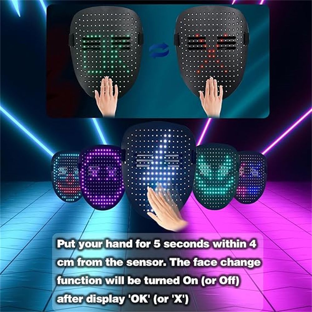 LED Mask with Gesture Sensing Light up Face Transforming Led Halloween Mask for Kids Men Women Costume Cosplay Party