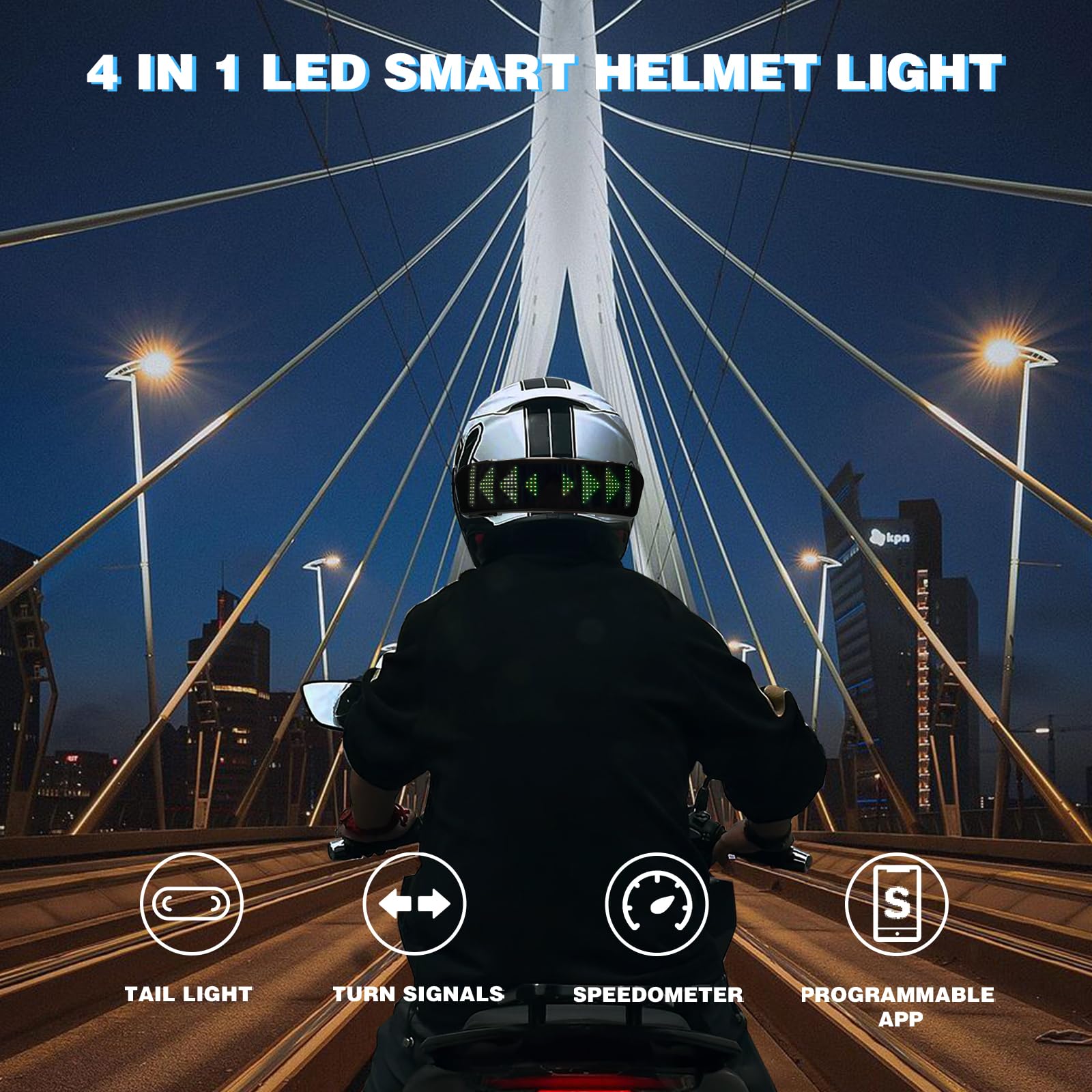 4 in 1 Motorcycle Helmet Light LED Kit Turn Signal/Brake Light/Speedometer/Custom Pattern Smart Helmet Tail Light with APP Control Quick Install IPX5 Waterproof Taillight for Motorcycle, Bicycle, Bike