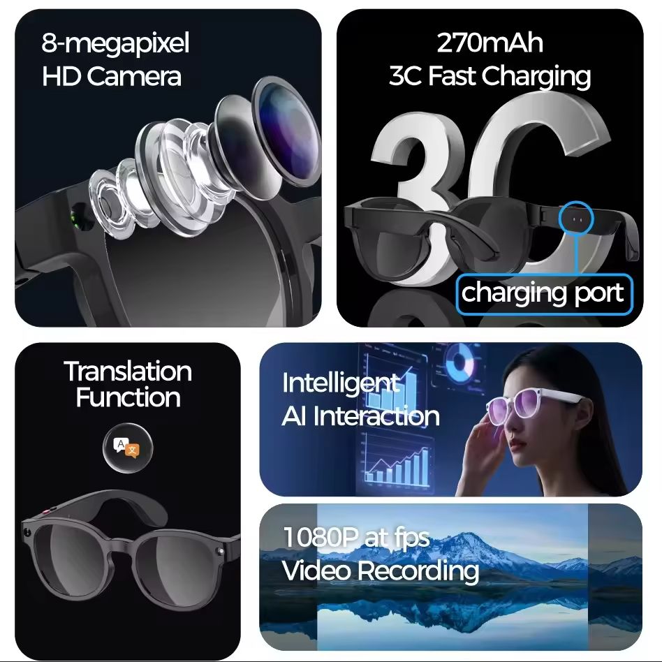 Latest AI Smart Glasses AI Translation 8MP HD Camera 4K Shooting Image Conversation Recording Listening To Music Smart Glasses Waterproof Camera Photo Video Call Advanced Intelligent Wearable Eyewear