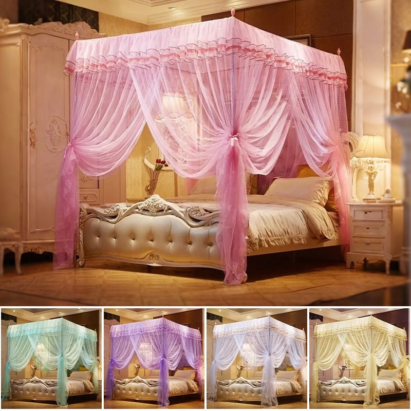 Lace Luxury Mosquito Net, Four-Cornered Mosquito Net, Princess Style Lovely Design, Many Sided Opening Bed Curtain, Breathable Mesh Easy to Clean, To Ensure a Comfortable Sleep Mosquitos Protection
