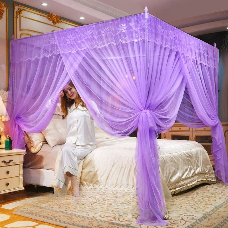 Lace Luxury Mosquito Net, Four-Cornered Mosquito Net, Princess Style Lovely Design, Many Sided Opening Bed Curtain, Breathable Mesh Easy to Clean, To Ensure a Comfortable Sleep Mosquitos Protection