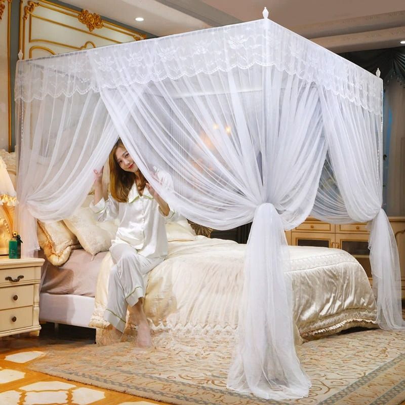 Lace Luxury Mosquito Net, Four-Cornered Mosquito Net, Princess Style Lovely Design, Many Sided Opening Bed Curtain, Breathable Mesh Easy to Clean, To Ensure a Comfortable Sleep Mosquitos Protection