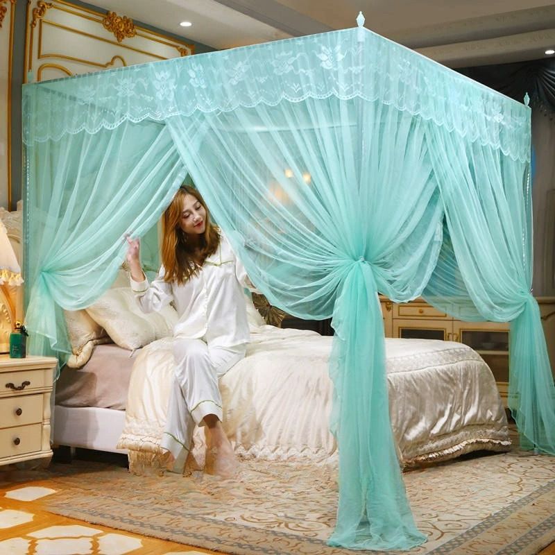 Lace Luxury Mosquito Net, Four-Cornered Mosquito Net, Princess Style Lovely Design, Many Sided Opening Bed Curtain, Breathable Mesh Easy to Clean, To Ensure a Comfortable Sleep Mosquitos Protection