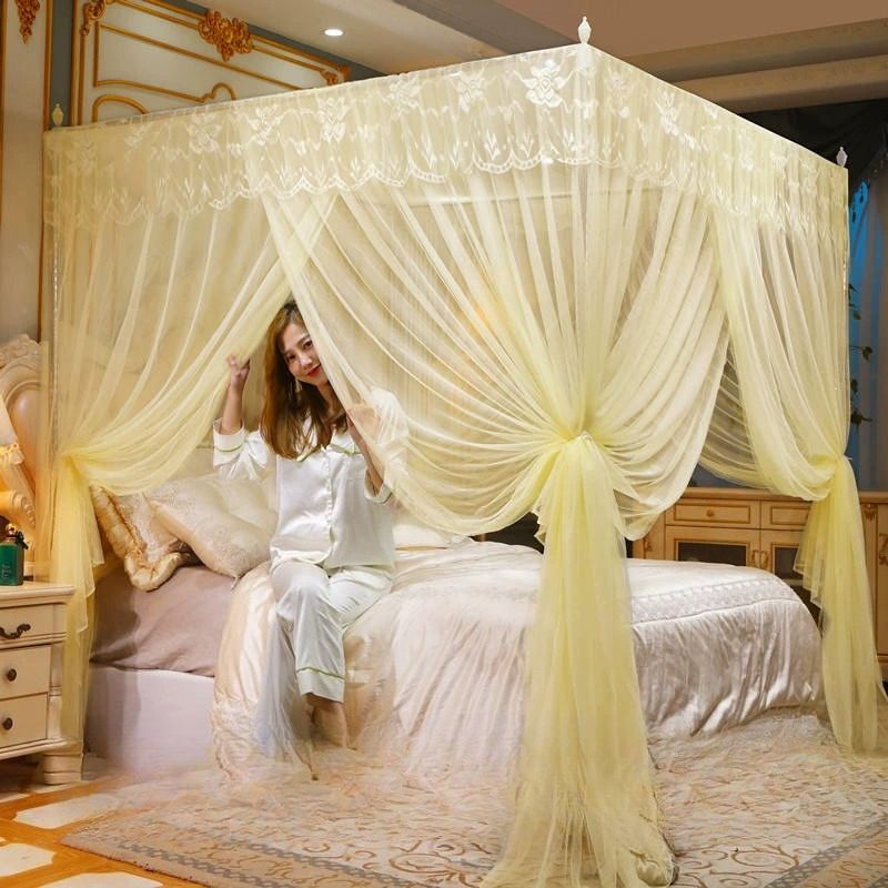 Lace Luxury Mosquito Net, Four-Cornered Mosquito Net, Princess Style Lovely Design, Many Sided Opening Bed Curtain, Breathable Mesh Easy to Clean, To Ensure a Comfortable Sleep Mosquitos Protection