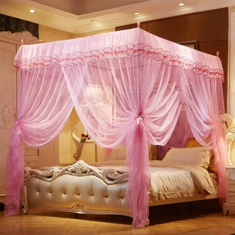 Lace Luxury Mosquito Net, Four-Cornered Mosquito Net, Princess Style Lovely Design, Many Sided Opening Bed Curtain, Breathable Mesh Easy to Clean, To Ensure a Comfortable Sleep Mosquitos Protection