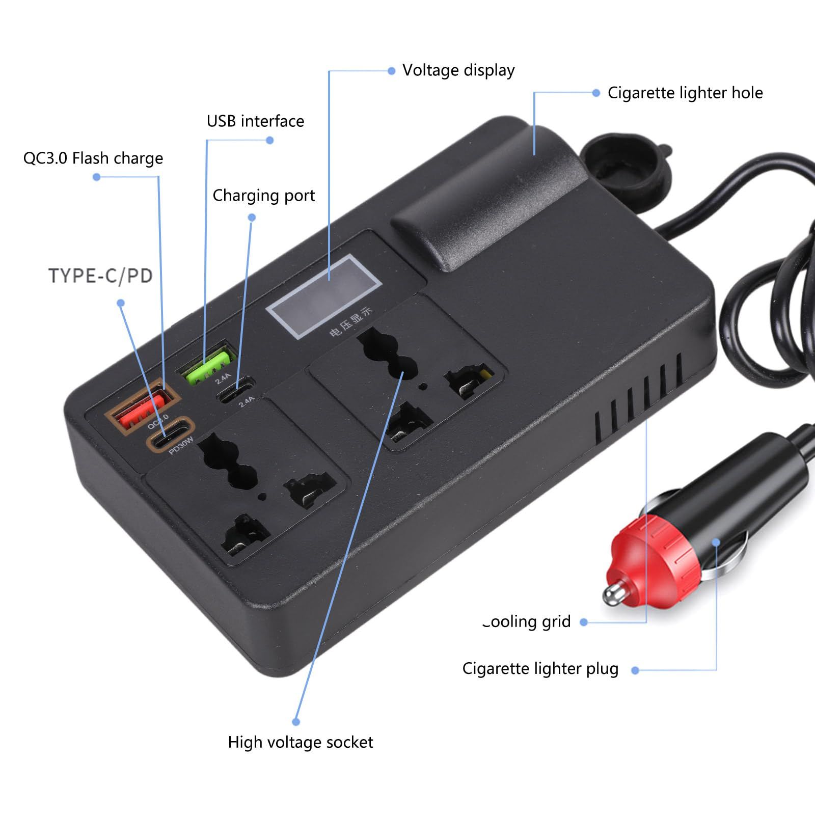 200W Car Power Inverter DC12V-24V to 220V Voltages Converter with PD30W Type-C & USB-a Port Car Plug Adapter Outlet Power Supply