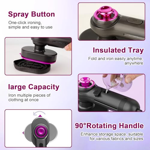 Ultra-Light 2-in-1 Mini Steam Iron, Portable Travel Steam Iron with 60ml Large Tank, 90° Rotatable Handle & Precision Tip for Collars, Handheld Clothes Steamer for Home, Office, Dorm