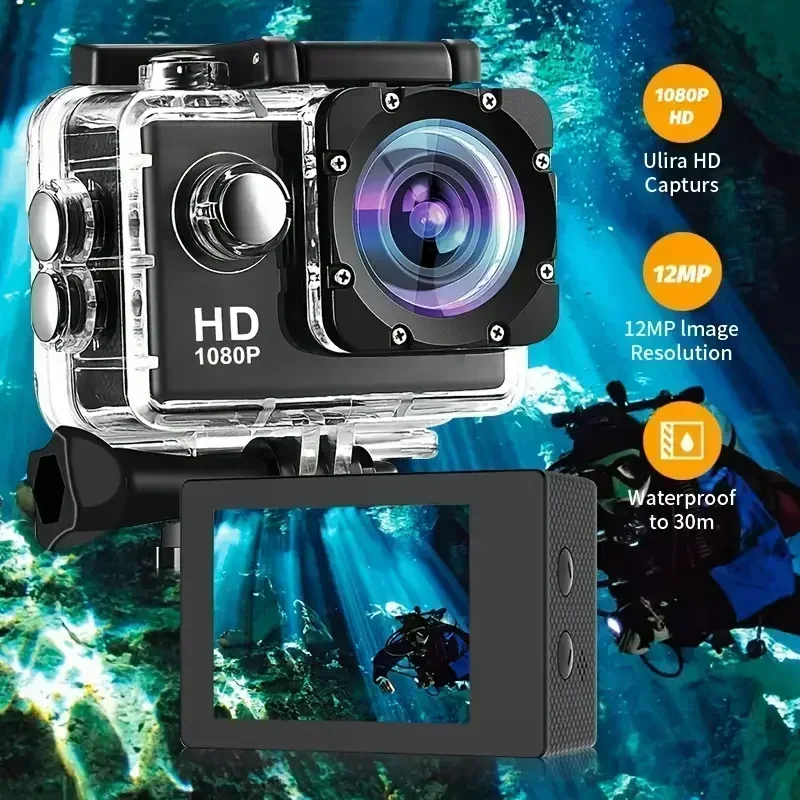 New 1080P high-definition sports camera, outdoor cycling, diving, waterproof and anti shake camera, Significant Gift Record Memory , 1080P 30fps 12MP 30M Sports Camera 2 Inch with Accessories