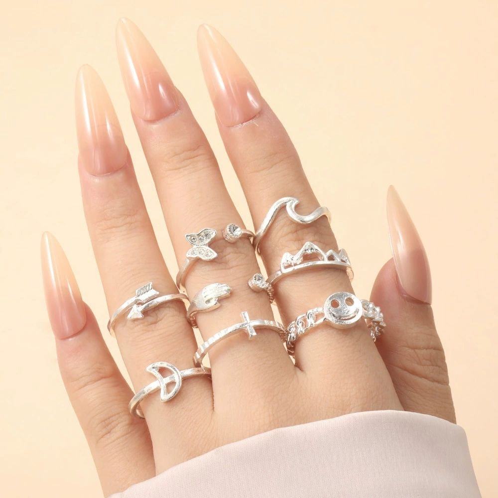 9-piece Set of Trendy and Personalized Women's Rings - Love Heart, Butterfly, Star and Moon with Diamond Inlay Combination