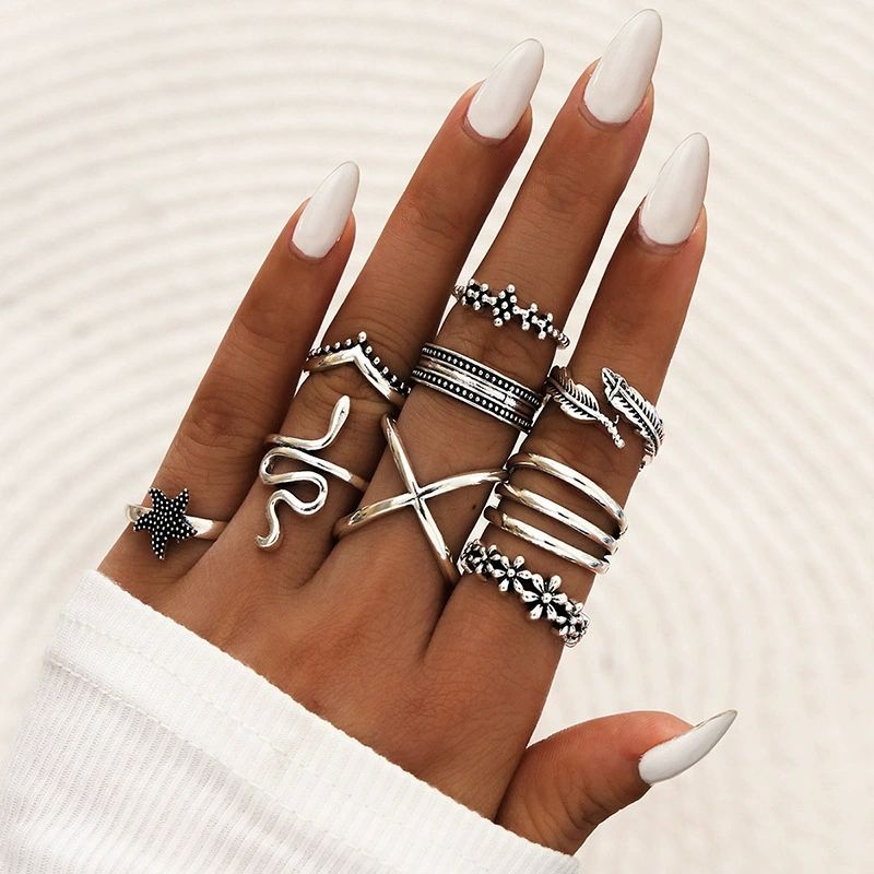 9-piece Set of Trendy and Personalized Women's Rings - Love Heart, Butterfly, Star and Moon with Diamond Inlay Combination