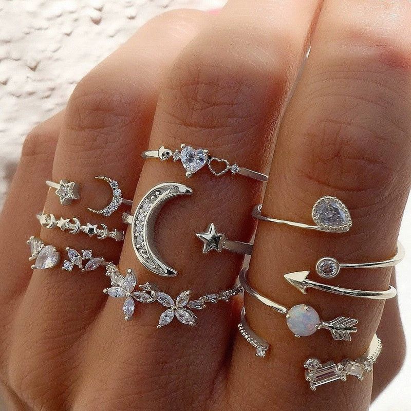 9-piece Set of Trendy and Personalized Women's Rings - Love Heart, Butterfly, Star and Moon with Diamond Inlay Combination