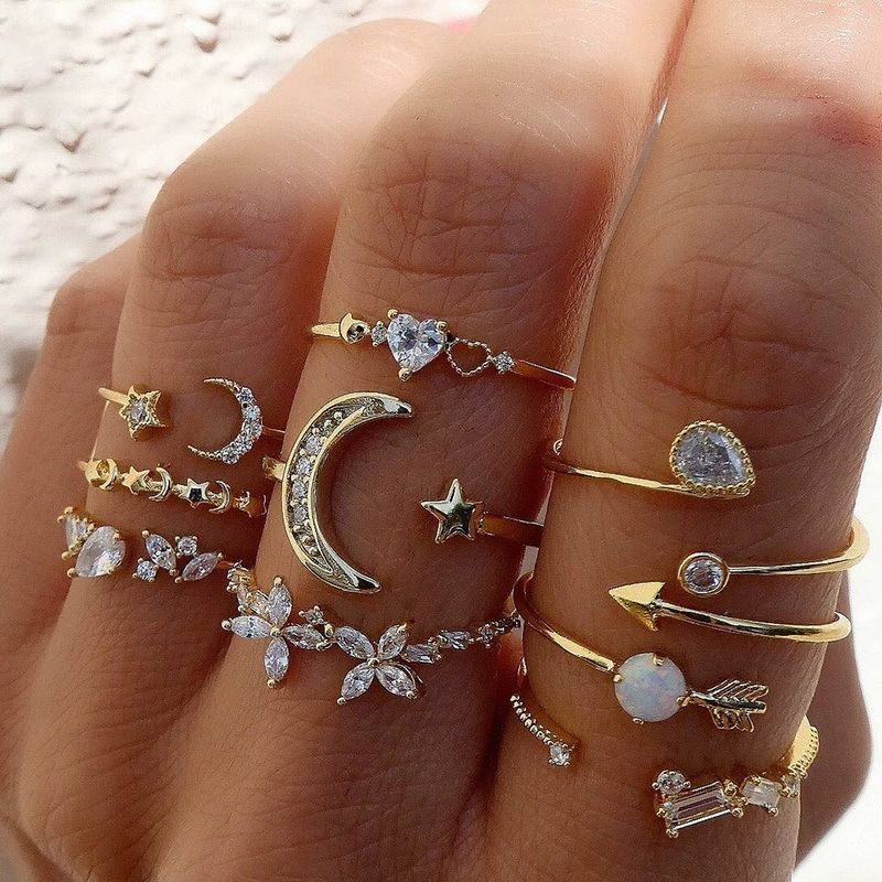 9-piece Set of Trendy and Personalized Women's Rings - Love Heart, Butterfly, Star and Moon with Diamond Inlay Combination
