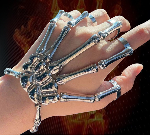 European and American New Style Jewelry - Fashionable and Individual Punk Skull Hand Bone Adjustable Five - Finger Ring and Adjustable Bracelet Set