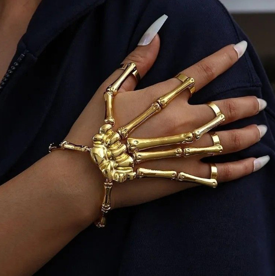 European and American New Style Jewelry - Fashionable and Individual Punk Skull Hand Bone Adjustable Five - Finger Ring and Adjustable Bracelet Set