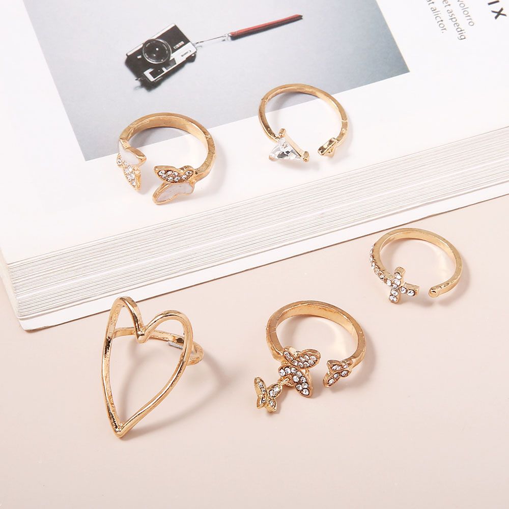 5-Piece Elegant Drip Enamel & Diamond Cross/Triangle/Heart Hollow-Out Butterfly Ring Set - Trendy Stackable Adjustable Jewelry Gift for Women Valentines/Birthdays (Sterling Silver)