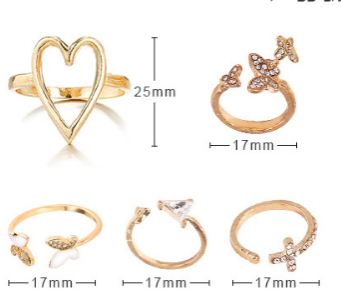 5-Piece Elegant Drip Enamel & Diamond Cross/Triangle/Heart Hollow-Out Butterfly Ring Set - Trendy Stackable Adjustable Jewelry Gift for Women Valentines/Birthdays (Sterling Silver)