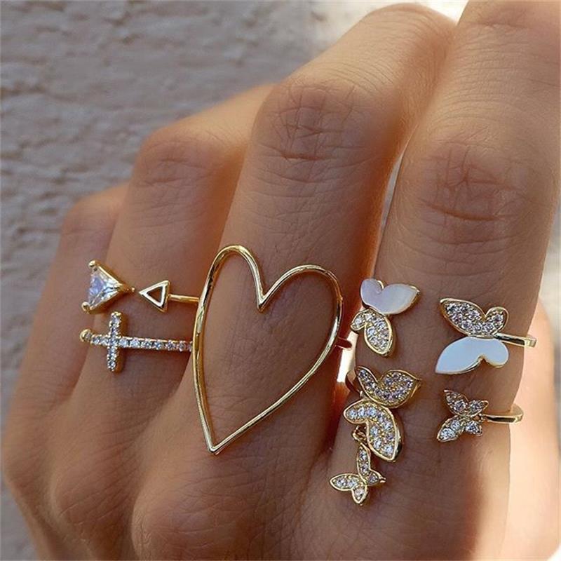 5-Piece Elegant Drip Enamel & Diamond Cross/Triangle/Heart Hollow-Out Butterfly Ring Set - Trendy Stackable Adjustable Jewelry Gift for Women Valentines/Birthdays (Sterling Silver)
