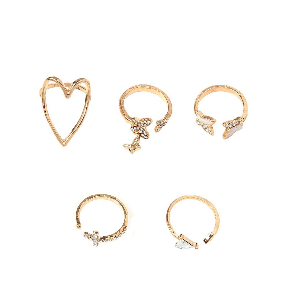 5-Piece Elegant Drip Enamel & Diamond Cross/Triangle/Heart Hollow-Out Butterfly Ring Set - Trendy Stackable Adjustable Jewelry Gift for Women Valentines/Birthdays (Sterling Silver)