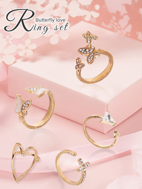 5-Piece Elegant Drip Enamel & Diamond Cross/Triangle/Heart Hollow-Out Butterfly Ring Set - Trendy Stackable Adjustable Jewelry Gift for Women Valentines/Birthdays (Sterling Silver)