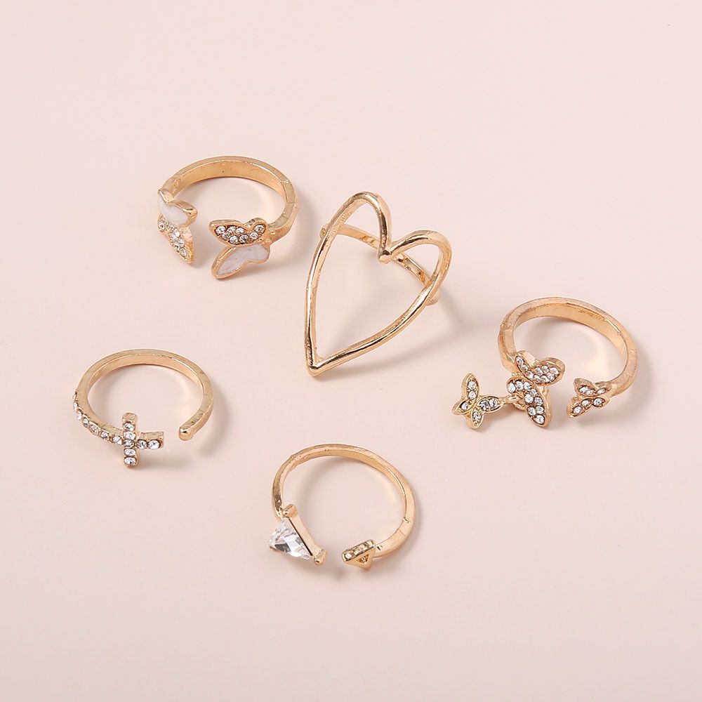 5-Piece Elegant Drip Enamel & Diamond Cross/Triangle/Heart Hollow-Out Butterfly Ring Set - Trendy Stackable Adjustable Jewelry Gift for Women Valentines/Birthdays (Sterling Silver)