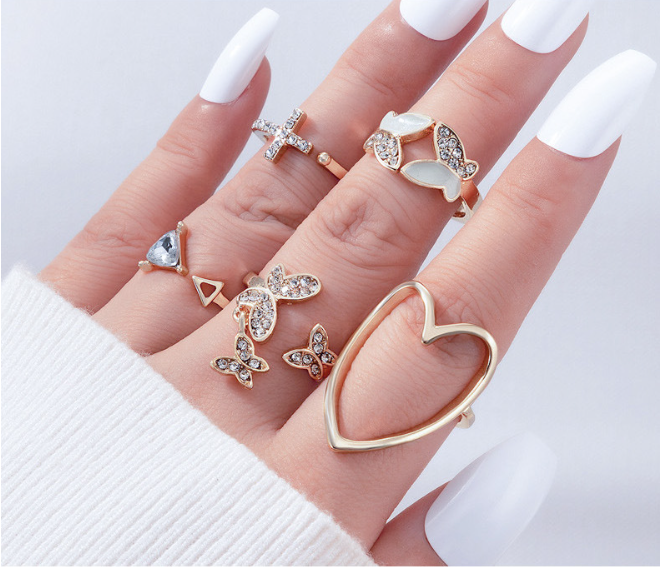 5-Piece Elegant Drip Enamel & Diamond Cross/Triangle/Heart Hollow-Out Butterfly Ring Set - Trendy Stackable Adjustable Jewelry Gift for Women Valentines/Birthdays (Sterling Silver)