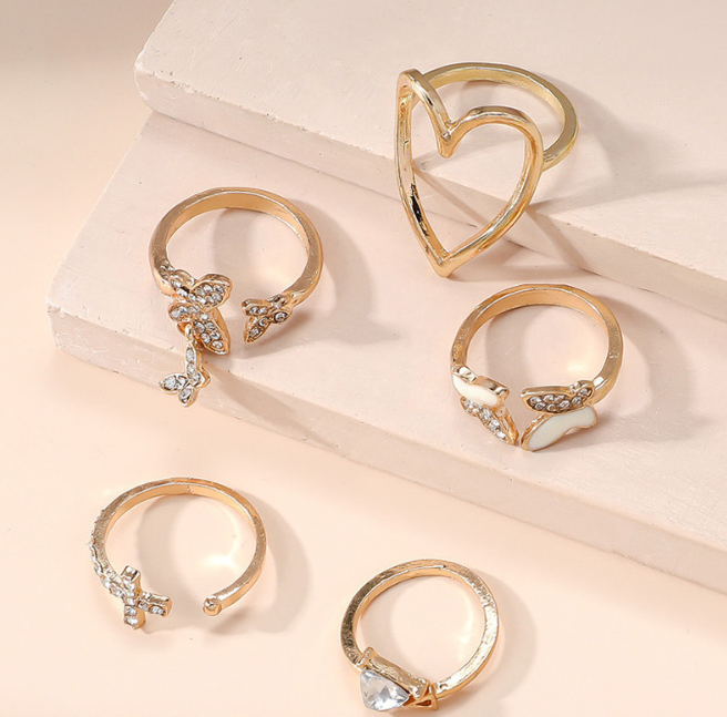 5-Piece Elegant Drip Enamel & Diamond Cross/Triangle/Heart Hollow-Out Butterfly Ring Set - Trendy Stackable Adjustable Jewelry Gift for Women Valentines/Birthdays (Sterling Silver)