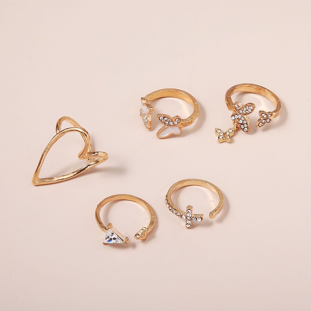 5-Piece Elegant Drip Enamel & Diamond Cross/Triangle/Heart Hollow-Out Butterfly Ring Set - Trendy Stackable Adjustable Jewelry Gift for Women Valentines/Birthdays (Sterling Silver)
