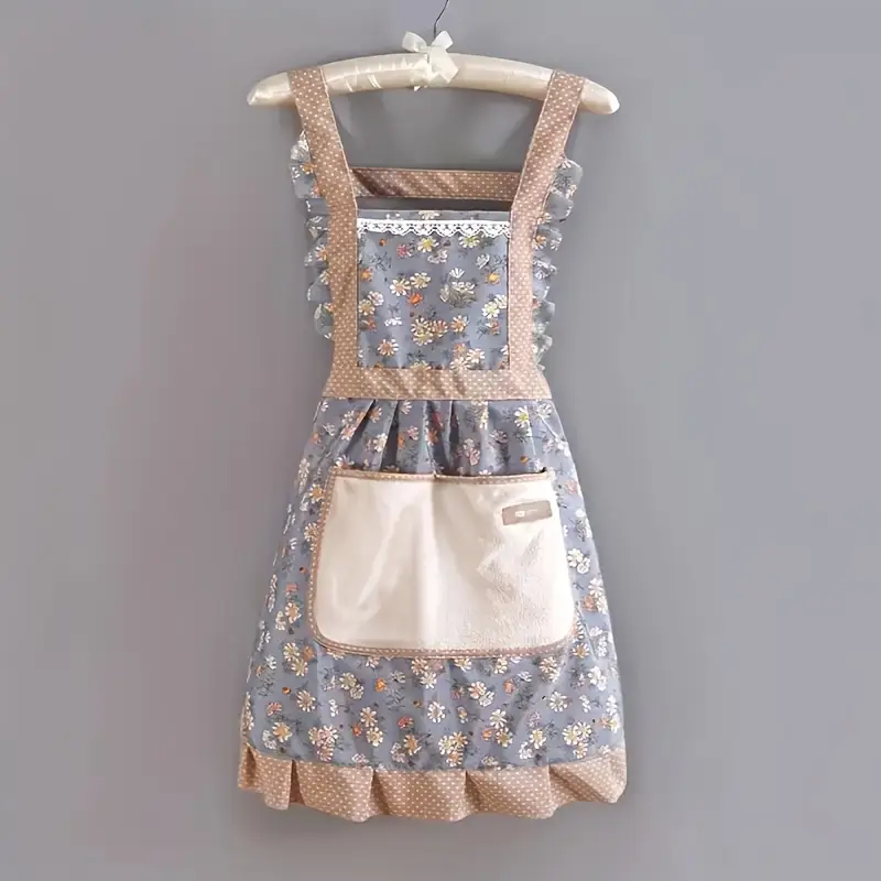 One Piece Fashion Floral Princess Apron - Adjustable H-Style Shoulder Straps, Hand Wipe Pocket, Fabric, Suitable for Cooking, Baking, Gardening and Outdoor Activities