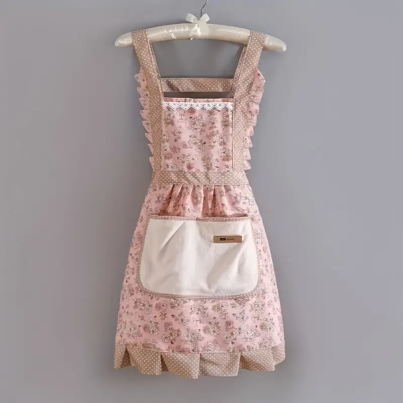 One Piece Fashion Floral Princess Apron - Adjustable H-Style Shoulder Straps, Hand Wipe Pocket, Fabric, Suitable for Cooking, Baking, Gardening and Outdoor Activities