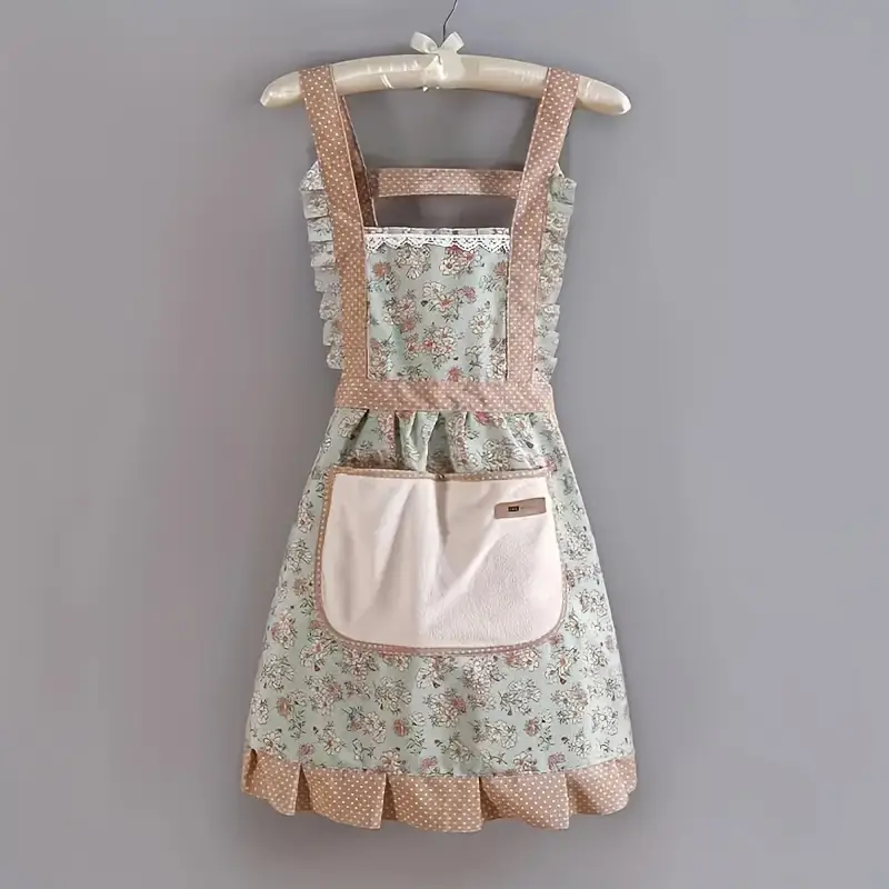 One Piece Fashion Floral Princess Apron - Adjustable H-Style Shoulder Straps, Hand Wipe Pocket, Fabric, Suitable for Cooking, Baking, Gardening and Outdoor Activities