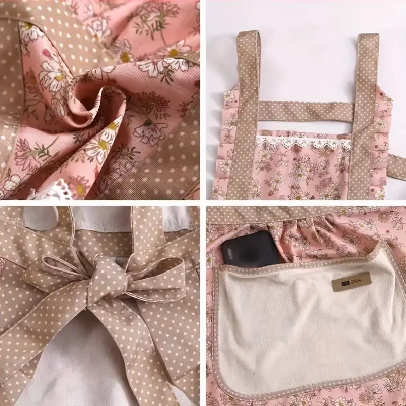 One Piece Fashion Floral Princess Apron - Adjustable H-Style Shoulder Straps, Hand Wipe Pocket, Fabric, Suitable for Cooking, Baking, Gardening and Outdoor Activities