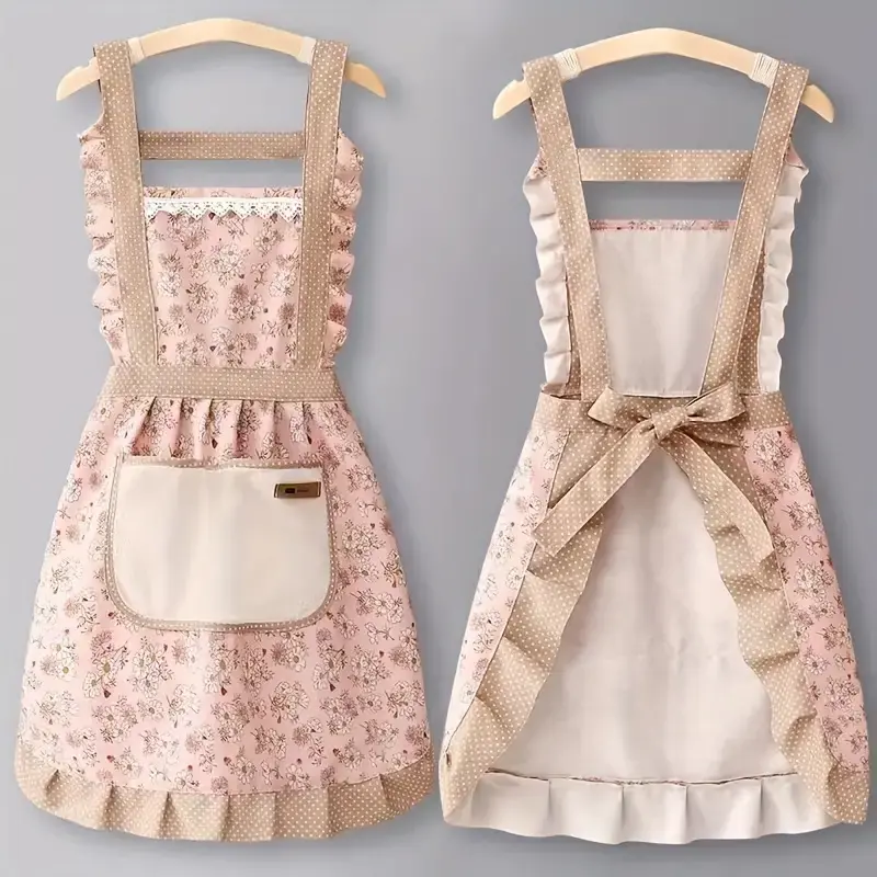 One Piece Fashion Floral Princess Apron - Adjustable H-Style Shoulder Straps, Hand Wipe Pocket, Fabric, Suitable for Cooking, Baking, Gardening and Outdoor Activities