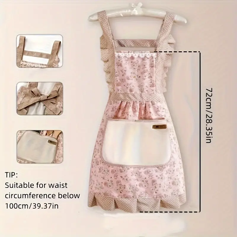 One Piece Fashion Floral Princess Apron - Adjustable H-Style Shoulder Straps, Hand Wipe Pocket, Fabric, Suitable for Cooking, Baking, Gardening and Outdoor Activities