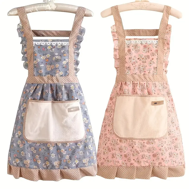 One Piece Fashion Floral Princess Apron - Adjustable H-Style Shoulder Straps, Hand Wipe Pocket, Fabric, Suitable for Cooking, Baking, Gardening and Outdoor Activities