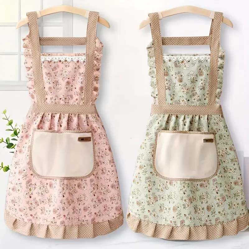 One Piece Fashion Floral Princess Apron - Adjustable H-Style Shoulder Straps, Hand Wipe Pocket, Fabric, Suitable for Cooking, Baking, Gardening and Outdoor Activities