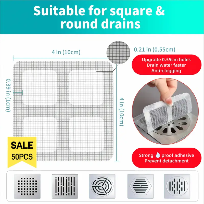 10pcs Disposable Shower Drain Hair Catcher Stickers - Easy-to-Use Plastic Mesh Filter Covers For Bathroom & Bathtub, Efficient Hair & Debris Blocker For Sink And Floor Drains